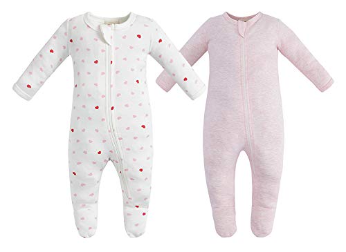Owlivia Organic Cotton Baby Pajamas, Boys Girls 2 Pack Zip Front Sleep 'N Play, Footed Sleeper, Long Sleeve(0-3 Months, Pink Melange+Pink Heart)