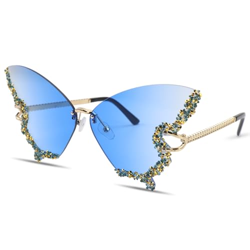 Erzekrim Lunettes de soleil papillon sans monture - Lunettes de soleil drôles - Vintage - Décoratives - Pour fêtes costumées, carnaval, jeux de rôle - Bleu