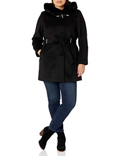 Calvin Klein Womens Plus Sized Faux Fur Shall Collared Coat, BLK, 0X
