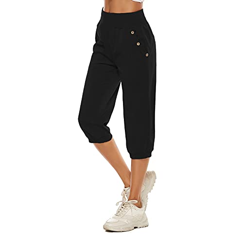 Shujin Damen Baumwolle Leinen Capri Hose Sommer Leicht 3/4 Länge Kurze Haremshose Baggy Pumphose Ballonhose Pluderhose Yogahose Aladinhose Lässig Einfarbig (A Schwarz,S) Cover