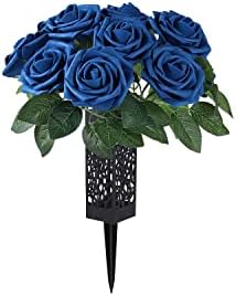 bocola 22 Blue Rose Artificial Flowers with 1 Cemetery Vase Headstones for Graves Cemetery Decorations Human Grave Markers Flower Holder Vase with Drainage Hole Long Spikes Outdoor Memorials