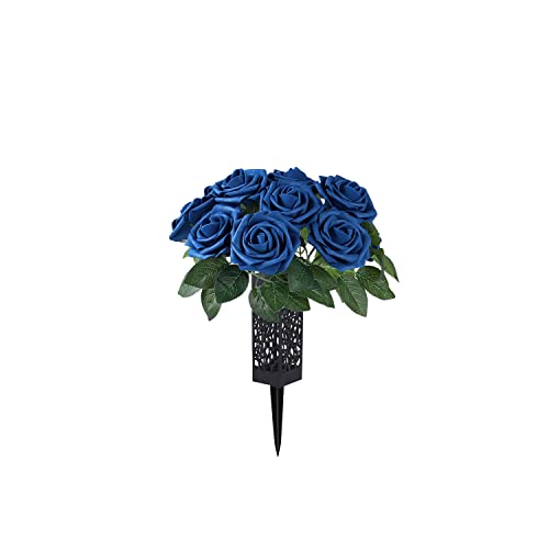 Bocola 22 Blue Rose Artificial Flowers With 1 Cemetery Vase Headstones For Graves Cemetery Decorations Human Grave Markers Flower Holder Vase With Drainage Hole Long Spikes Outdoor Memorials #TOP2
