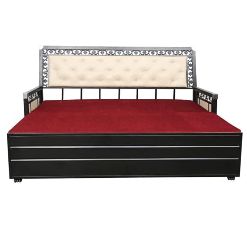 Image of Rexo Metal Sofa Cum Bed with Hydraulic Storage | 3 Seater Convertible Sofa Bed for Living Room | Heavy Duty Metal FrameMatte Black Finish with Maroon Cushion, Single