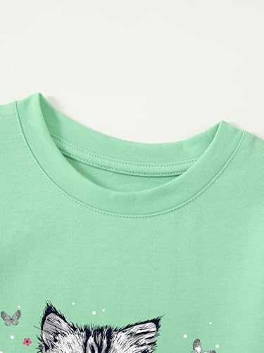 Image of Girl's Cute Cat Graphic T-Shirts Funny Animal Lover Green
