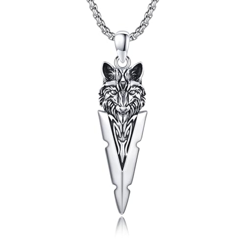YueYuan Wolf Arrowhead Necklace 925 Sterling Silver Wolf Arrow Pendant Spearhead Protection Amulet Animal Jewelry Gifts for Men Husband Father Son