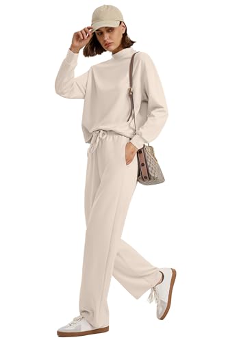 Image of WIHOLL Two Piece Sets for Women Fall Outfits Lounge Sets Mock Neck Tops Wide Leg Pants Vacation Travel Airport Outfits