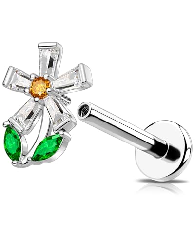 OUFER Fleur Piercing Helix 16G Acier Chirurgical 316L Boucle d'Oreille Tragus Conch Filetage Intérieur 6mm Piercing Labret Lèvre Argent Coloré CZ Boucle Oreille Cartilage pour Femmes