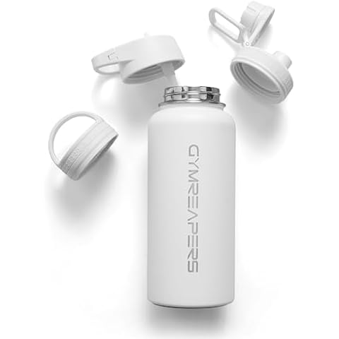 Gymreapers Insulated Water Bottle - Stainless Steel 32 Oz, 3 lids (Straw, Chug, Canteen), Double Walled Vacuum Insulation, Thermo Mug Cold Hot - Durable Powder Coated Finish Cover