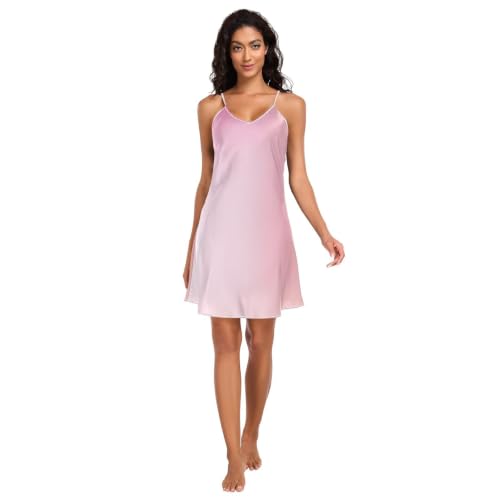 Chemise de nuit courte en soie rose pour femme à col V
