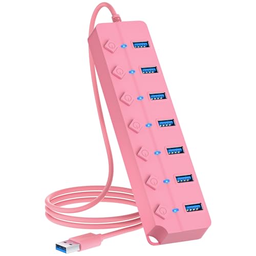 ONFINIO 7-Port USB 3.0 Hub with Switches, 3.2ft Cable, Pink