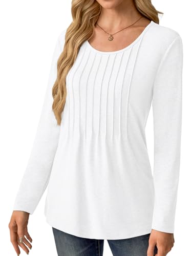 NORACORA Long Sleeve Pleated Tops for Women Dressy Casual Chic Crew Neck Blouses Shirts Loose Fit Trendy Fall Clothes 20252