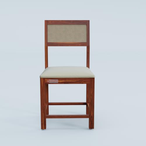 Image of DRIFTINGWOOD Amber Solid Sheesham Wood 6 Seater Dining Table Set with Rattan Back Chairs | Beige Velvet Cushioned Seating for Home & Dining Room (Honey Finish, DIY)