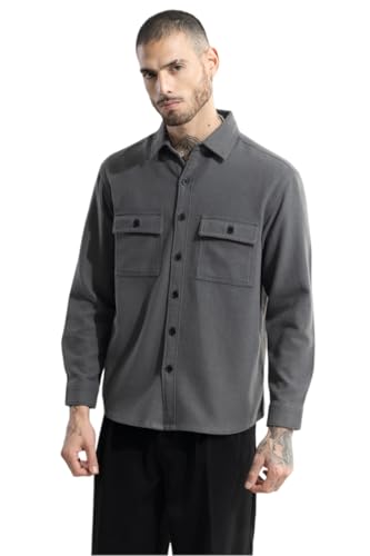 Image of SNITCH Mens Overshirt | Full Sleeve, Long Sleeve, Spread Collar, Plain Pattern, Buttoned Closure, Regular Fit | Cotton, Casual Wear, College Wear, Street Wear