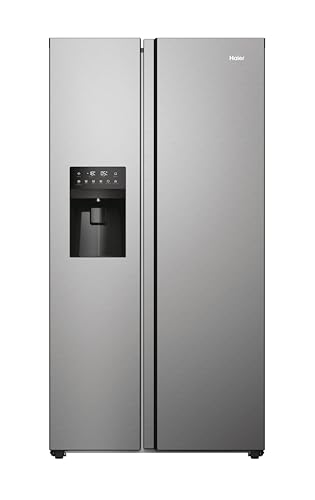 Haier SBS 90 Series 5 HSR5918DIMP Frigorífico Side by Side, con Dispensador de Agua y Hielo, Apertura puertas 90º, Motor Inverter, Total No Frost, An 90cm, Capacidad XXL 511L, Iluminación LED, Inox