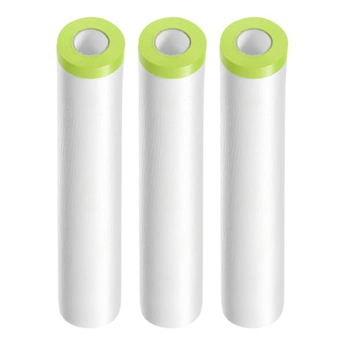 Image of HARFINGTON 3 Rolls Pre-Taped Masking Film 70.9 inch x65.6ft Tape and Drape Painters Plastic Drop Cloth Film with Tape Plastic Sheeting for Automotive Painting Covering, Green