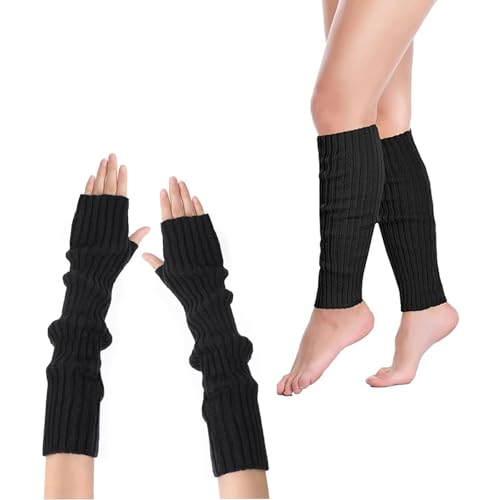 Czrqvyx Knitted Arm Warmers and Leg Warmers for Women, Fingerless Gloves, Long Boot Socks (Black)