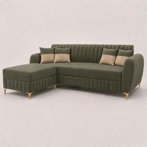 Image of CASASTYLE Signature Velour 4-Seater L-Shape Sofa Set with Movable Ottoman | Flexible LHS /RHS Layout | Boston Matte Fabric | 40D Foam + Zigzag Spring | 3-Yr Warranty (Olive Green)