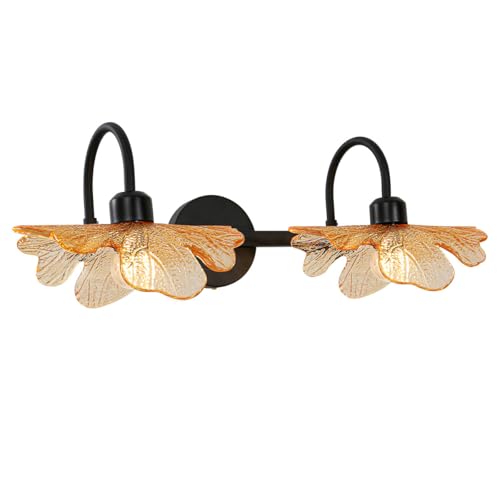 Image of 2 Light Bathroom Lighting Fixtures Amber Glass Shade, Easy Install | Wall Light, Sconce, Vanity Light, Glass Petals, Matte Black, Guest Bathroom, Vintage, 23.23 inch, E26 Base, Bedroom, Living Room