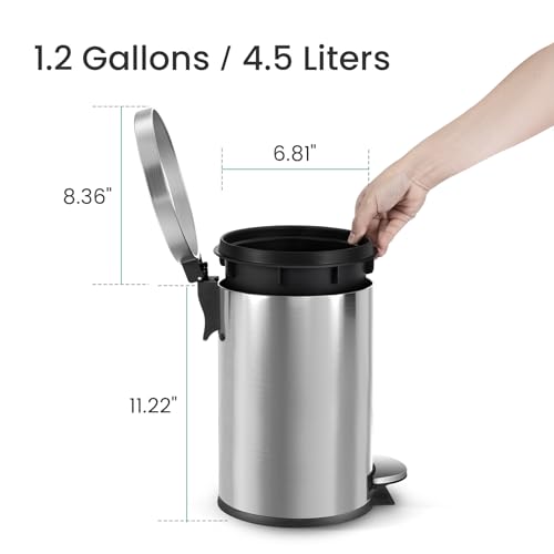 Image of Cesun 1.2 Gallons Small Black Trash Can, Bathroom Garbage Can with Lid and Foot Pedal, Mini Round Wastebasket for Bathroom, Bedroom, Office, 4.5 Liters / 1.2 Gallons, Silver