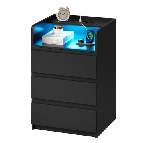 ANWBROAD Comodino Con Presa Elettrica Illuminazione a Striscia LED,3 Cassetti e 1 Ripiano Comodino Moderno Tavolino Tavolino da Camera da Letto Tavolino da Salotto (1, Nero) BNS004B