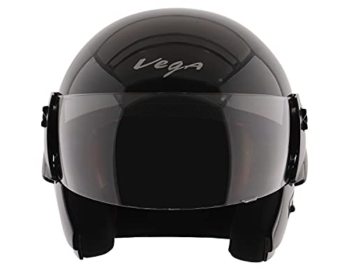 Image of Vega Cruiser Open Face Riding Helmet with Glossy Finish, ISI Certified, Clear Visor, Lightweight Build, Comfortable Interior, Shock Absorbing Liner, and Trendy Black Styling Black-M