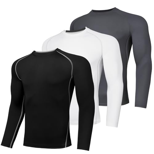 Amzsport Maglia Compressione Uomo Maglia Termica Manica Lunga Maglietta Palestra Compression Shirt Ciclismo Running Sportiva, Confezione Da 3: Nero Bianco Grigio M