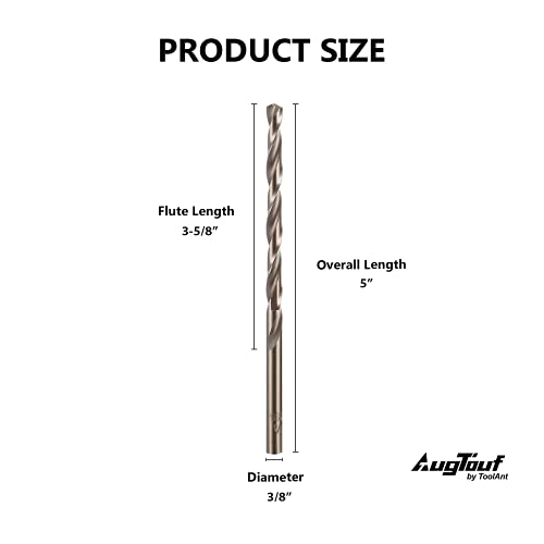 Augtouf 3/8" Inch Cobalt Drill Bits(5Pcs), M35 Hss Metal Jobber Length Twist Drill Bit Set For Steel, Stainless Steel, Metal, Cast Iron #TOP1