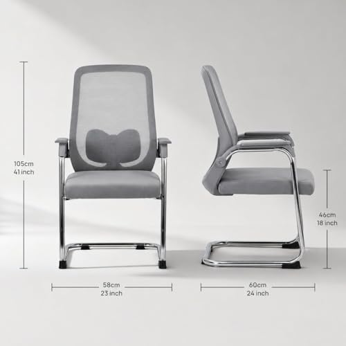 Image of OAK & AURA | SpineFlow Pro | Ergonomic Visitor Chair with Armrest | Breathable Mesh Back & Cushioned Seat | Chrome Metal Frame | Comfortable Office Chair for Home, Office(Pack of 2) (Gray)