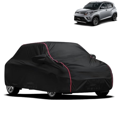 Image of Waterproof Car Cover for Mahindra KUV 100 NXT | All-Weather Protection, Dustproof & UV Resistant | Triple Stitched Mirror Pockets, Windproof Buckle Strap with Elastic Hem, Black-Red Piping