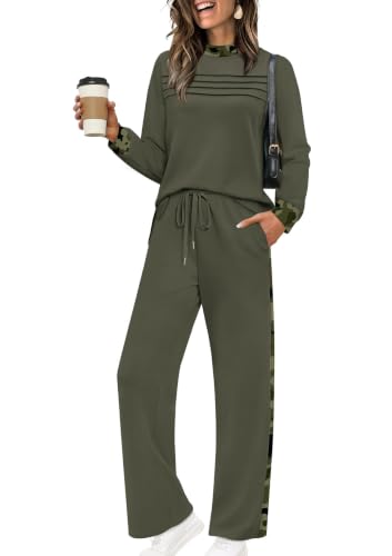 Image of WIHOLL Two Piece Sets for Women Fall Travel Vacation Outfits 2026 Long Sleeve Lounge Sets Side Slit Wide Leg Pants XS-3XL