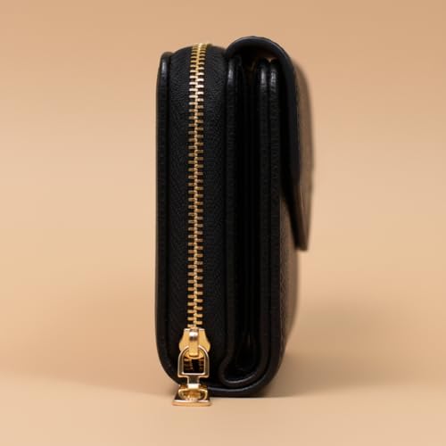 Image of WildHorn Women's Wallet | Premium Vegan Leather Ladies Purse with Zip Coin Pocket & Snap Button | Compact Wallet with Card Slots & ID Window (Black)
