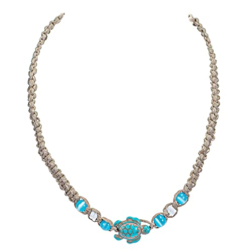 BlueRica Hemp Choker Necklace with Blue Cat's Eye, Puka Shell Beads & Turquoise Sea Turtle