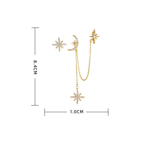 Asymmetric Moon Star Cz Ear Cuff Wrap Clip On 925 Sterling Silver Stud Long Chain Climbers Crawler Tassel Dangle Drop Cartilage Hoop Earrings For Women Girls Fashion Hypoallergenic Gifts Bff (Gold) #TOP4