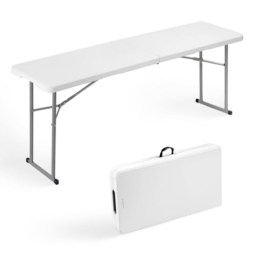 Byliable Folding Table 6FT Narrow Portable Foldable Plastic Heavy Duty Long Table, Fold-in-Half with Carrying Handle for Indoor Outdoor Meeting, Buffet, Party, Wedding, Home Work, 6 Foot, White