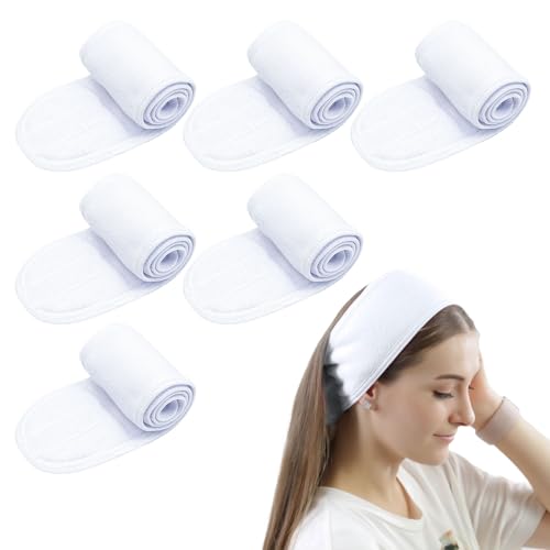 TUONYIS 6 Pièces Bandeau Maquillage Cheveux Femme Réglable Headband avec Magic Tape Élastique pour Le Bain, Maquillage, Yoga, Spa, Exercice (Blanc)