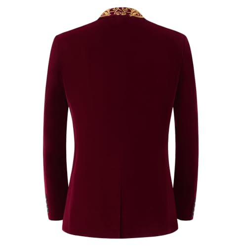 DAMANGUAN Men's Velvet Blazer, Gold Embroidered Suit Jacket, Black Tuxedo for Wedding Party Prom (US, Alpha, Medium, Regular, Regular, Burgundy) - image 2