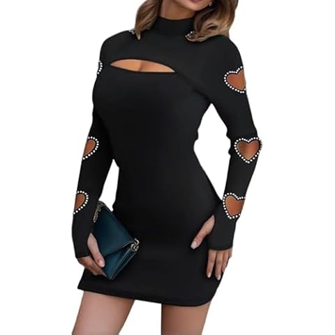 VKEGNIO Heart Cut Out Sparkly Sexy Rhinestone Dress Women Solid Color Heart Cut Out Long Sleeve High Neck Slim-Fit Mini Dress（Medium,Black Cover
