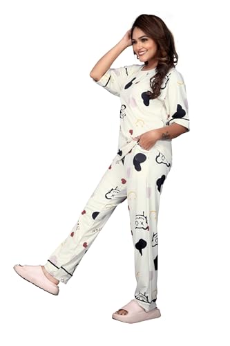 Image of Women's Pajama Set with Top & Pants|| Korean Night Wear|| Loose Fit Home Wear || Lightweight Printed Set || Soft & Comfy Girls & Women