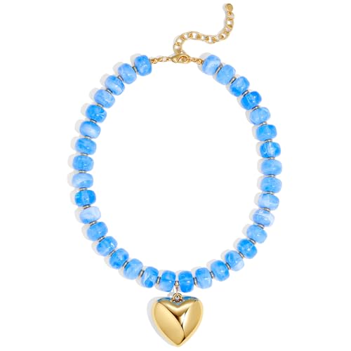 LILIE&WHITE Chunky Gold Heart Necklaces for Women Minimalistic Resin Blue Beaded Choker Necklace Modern Statement Necklace Jewelry Accessories Gift for Her