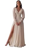 Long Sleeves Wedding Dresses for Bride 2025 Simple Chiffon V Neck Lace Appliques Bridal Gowns with Long Trail White US10