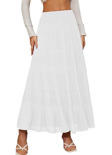 NiPaMi Women's Chiffon White Flowy Maxi Skirt Boho Fall Elastic Waisted Pleated A Line Long Skirts for Women 2025(White,S)