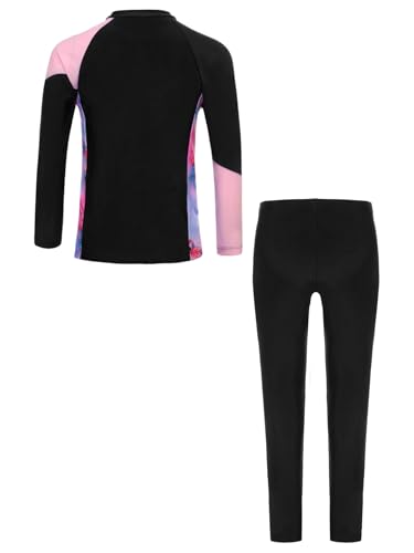 Kids Girls 2Pcs Rash Guard Long Sleeve Zipper Tropical Print Swim Tops with Pants Surfing Bathing Suit2