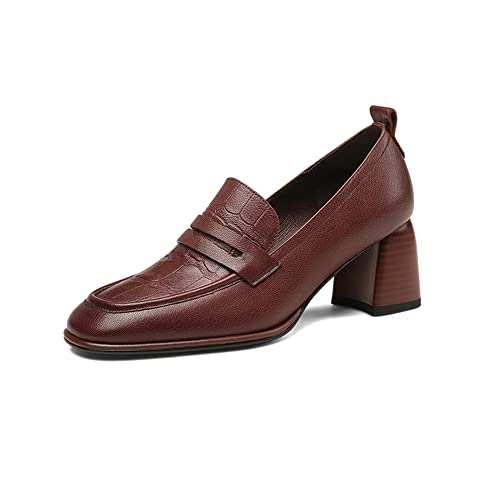 TinaCus Women's Genuine Leather Handmade Printed Square Toe Mid Chunky Heel Slip On Loafers Pumps Shoes