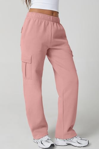 Image of QINSEN Baggy Medium Waist Elastic Sweatpants for Womens Casual Long Fleece Cargo Pants with Pockets