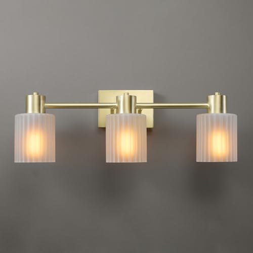 Image of Globe Electric 3-Light Vanity Light, Matte Brass, Frosted Ribbed Glass Shades