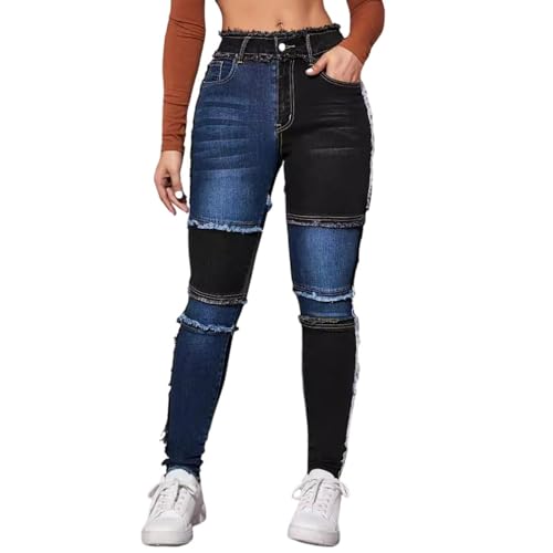 Jeans Pants Trousers Denim Slim Fit Mid Waist Fringed Elastic Tight Fit Color Blocked Casual Jeans for Women