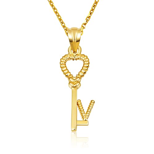 10K Yellow Gold Heart Lock & Key Letter Initial Love Pendant Necklace Initial - V-20
