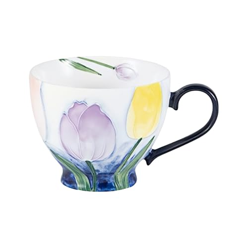 Haiyunhome マグカップ おしゃれ 陶器 大きい 480ml 北欧 和 可愛い 手描き フラワー 植物スタイル 和食器 コップ 和風 土物 陶芸 焼き物 コーヒーカップ 大 花柄 カフェ マグ カップ カフェ デザイン ギフト 結婚祝い インテリア