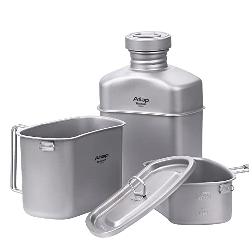 ATiAP Titanium Canteen Mess Kit with Water Bottle Pot, Ultralight Portable 1100ML Pot with 750ML and 400ML Stackable Cups for Outdoor Camping Hiking