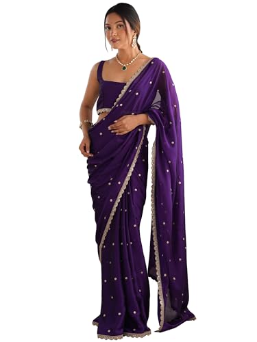 Image of AKHILAM Women's Pure Georgette Embroidered Saree With Unstitched Blouse Piece